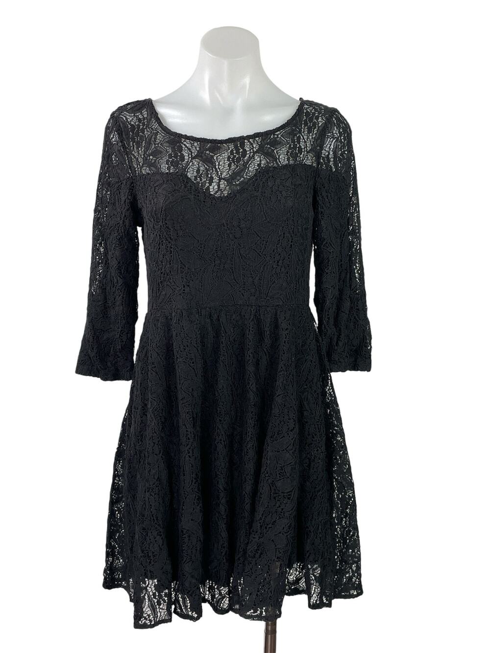 Free People Black Floral Lace 3/4 Sleeve Overlay Fit & Flare Mini Dress Size S